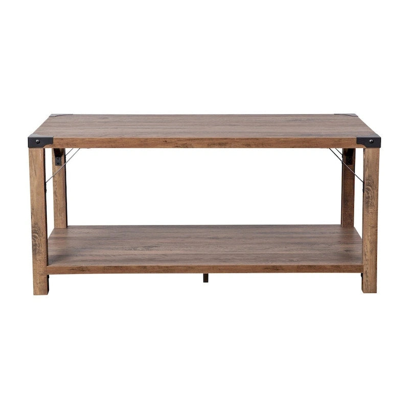 2-stufiger Couchtisch mit seitlichen Metallstreben und Eckkappen