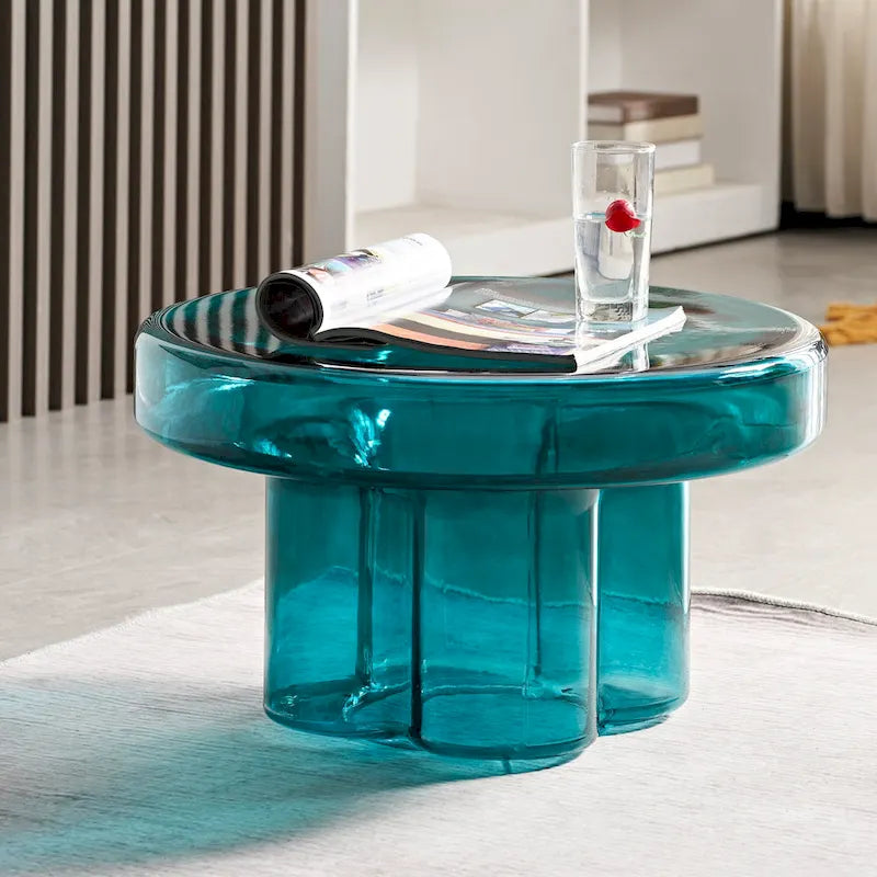 Mesa de centro auxiliar redonda de vidrio con diseño floral artístico moderno