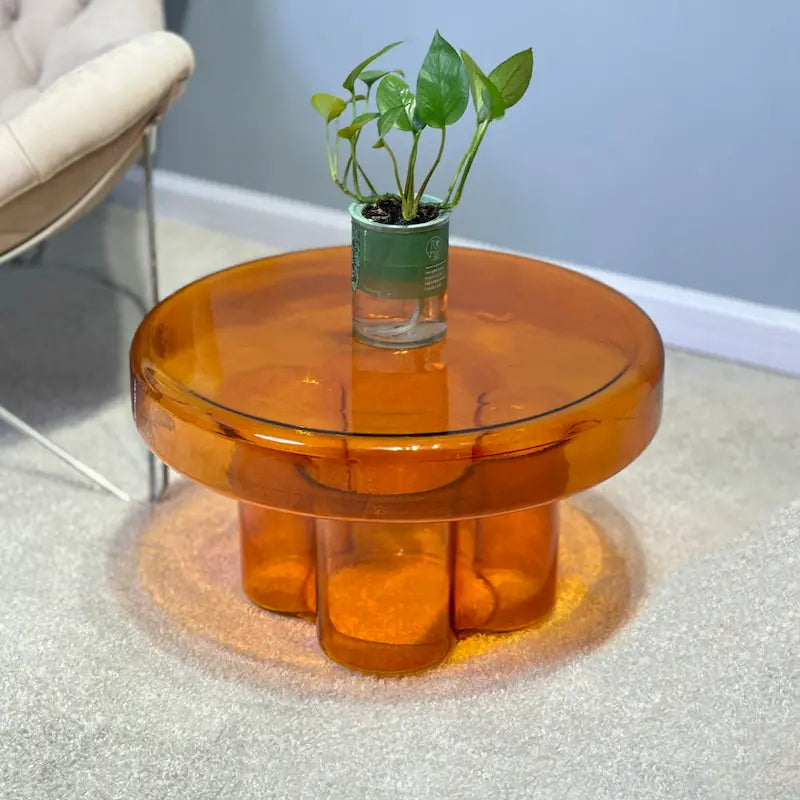 Mesa de centro auxiliar redonda de vidrio con diseño floral artístico moderno