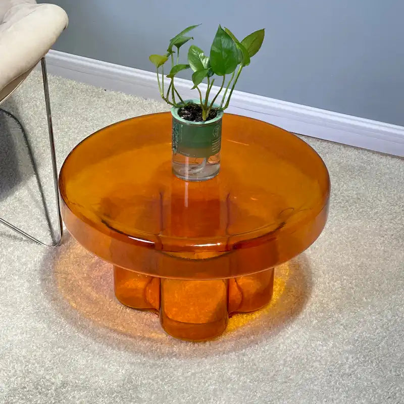 Mesa de centro auxiliar redonda de vidrio con diseño floral artístico moderno