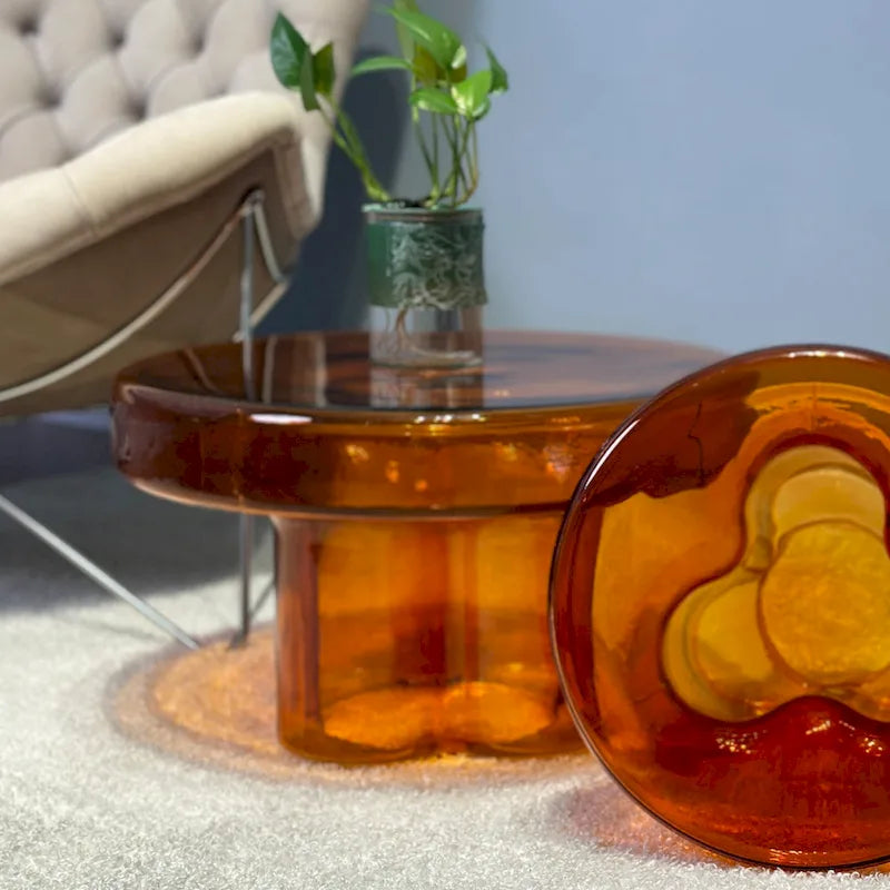 Mesa de centro auxiliar redonda de vidrio con diseño floral artístico moderno