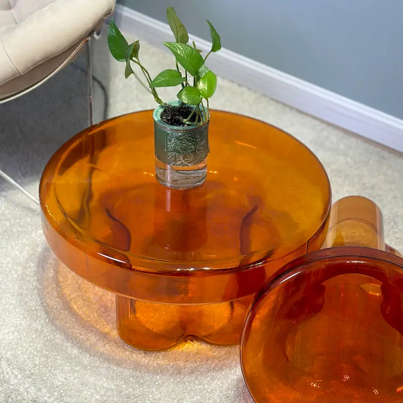 Mesa de centro auxiliar redonda de vidrio con diseño floral artístico moderno