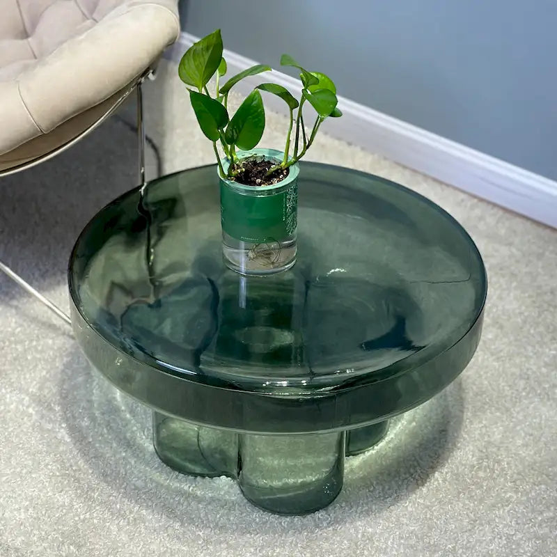 Mesa de centro auxiliar redonda de vidrio con diseño floral artístico moderno