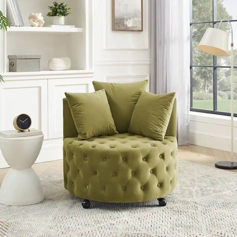 Sillón giratorio de terciopelo para sala de estar con diseño capitoné de botones, 3 cojines y ruedas móviles