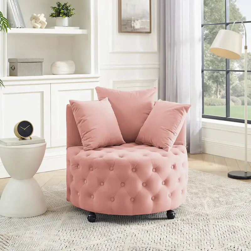 Sillón giratorio de terciopelo para sala de estar con diseño capitoné de botones, 3 cojines y ruedas móviles