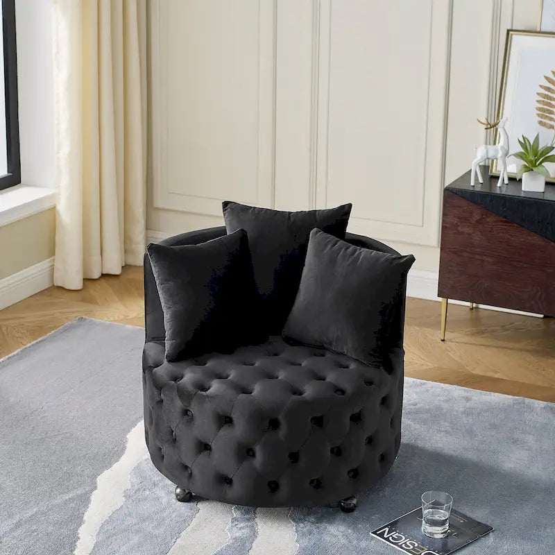 Sillón giratorio de terciopelo para sala de estar con diseño capitoné de botones, 3 cojines y ruedas móviles