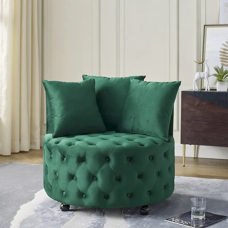 Sillón giratorio de terciopelo para sala de estar con diseño capitoné de botones, 3 cojines y ruedas móviles