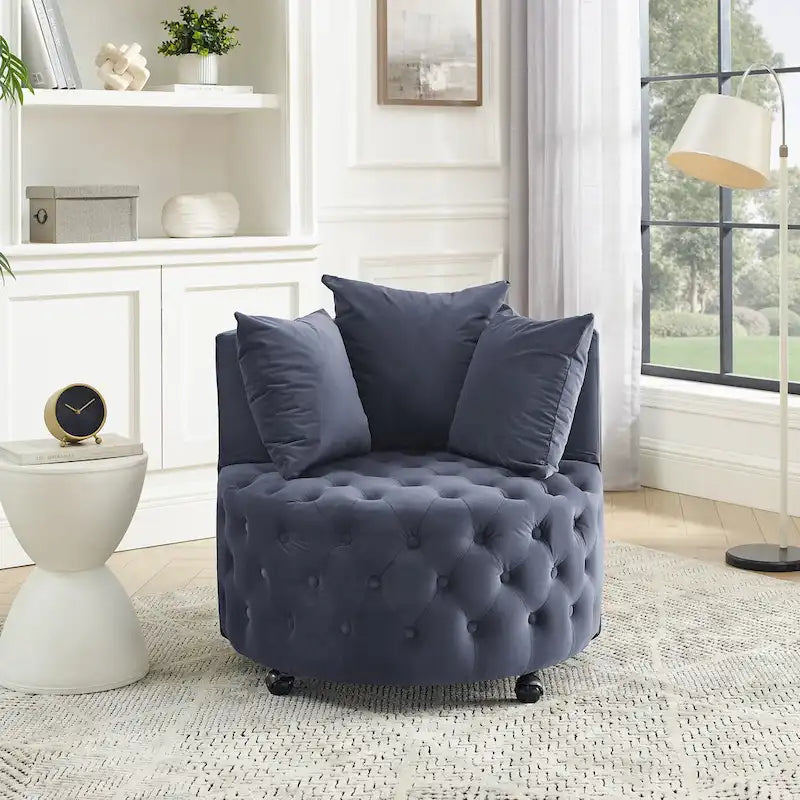 Sillón giratorio de terciopelo para sala de estar con diseño capitoné de botones, 3 cojines y ruedas móviles