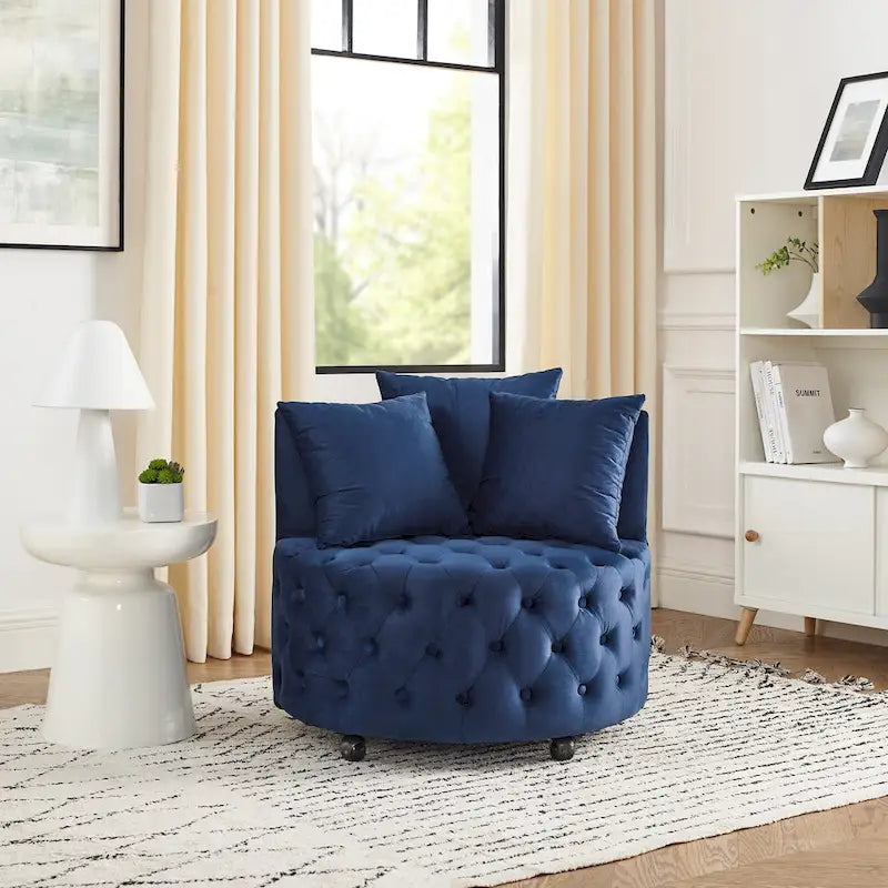 Sillón giratorio de terciopelo para sala de estar con diseño capitoné de botones, 3 cojines y ruedas móviles
