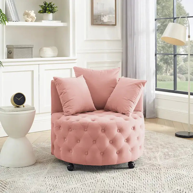 Sillón giratorio de terciopelo para sala de estar con diseño capitoné de botones, 3 cojines y ruedas móviles