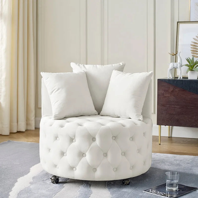 Sillón giratorio de terciopelo para sala de estar con diseño capitoné de botones, 3 cojines y ruedas móviles