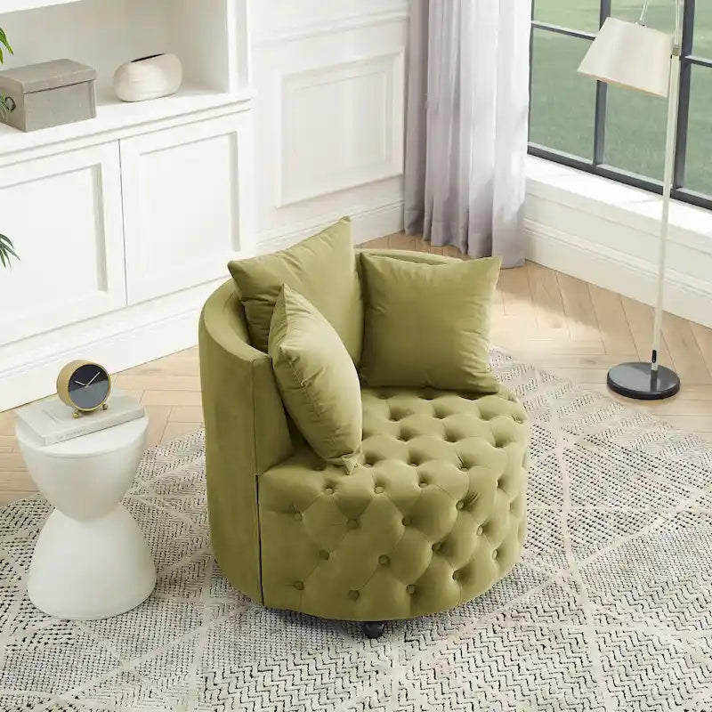 Sillón giratorio de terciopelo para sala de estar con diseño capitoné de botones, 3 cojines y ruedas móviles