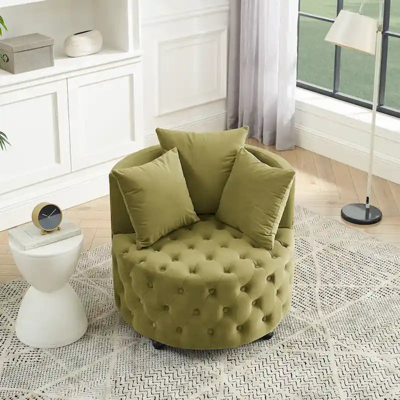 Sillón giratorio de terciopelo para sala de estar con diseño capitoné de botones, 3 cojines y ruedas móviles