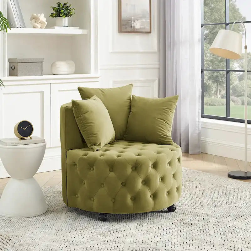 Sillón giratorio de terciopelo para sala de estar con diseño capitoné de botones, 3 cojines y ruedas móviles