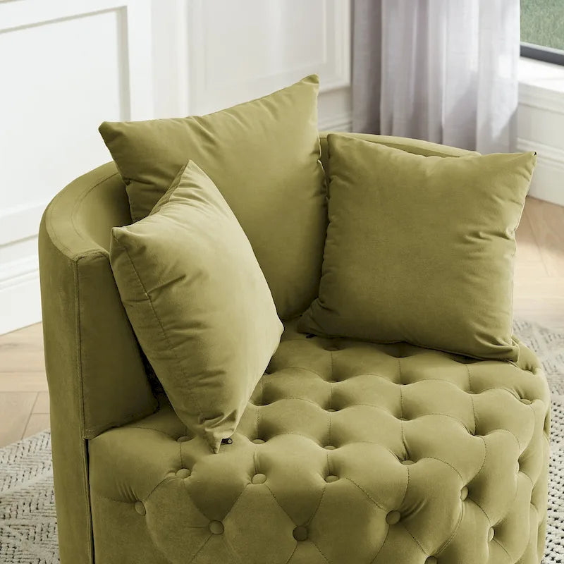 Sillón giratorio de terciopelo para sala de estar con diseño capitoné de botones, 3 cojines y ruedas móviles