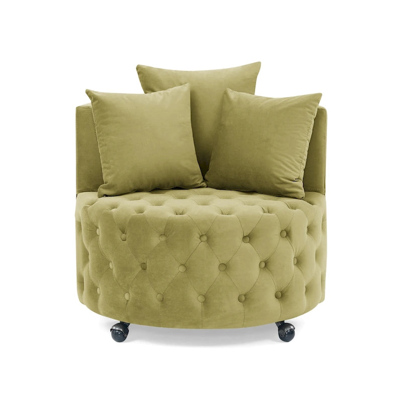 Sillón giratorio de terciopelo para sala de estar con diseño capitoné de botones, 3 cojines y ruedas móviles