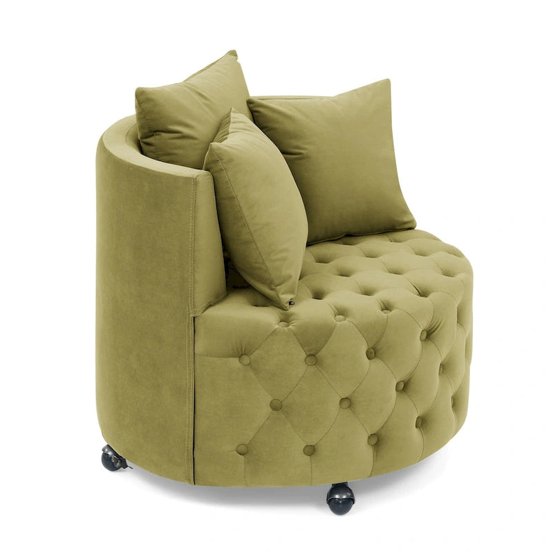 Sillón giratorio de terciopelo para sala de estar con diseño capitoné de botones, 3 cojines y ruedas móviles