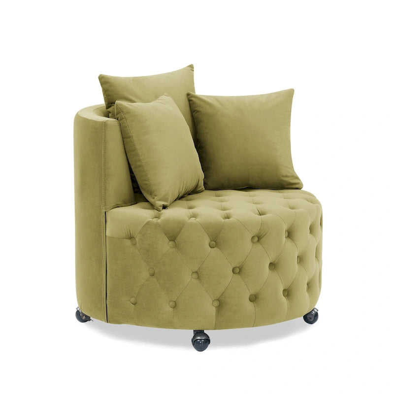 Sillón giratorio de terciopelo para sala de estar con diseño capitoné de botones, 3 cojines y ruedas móviles
