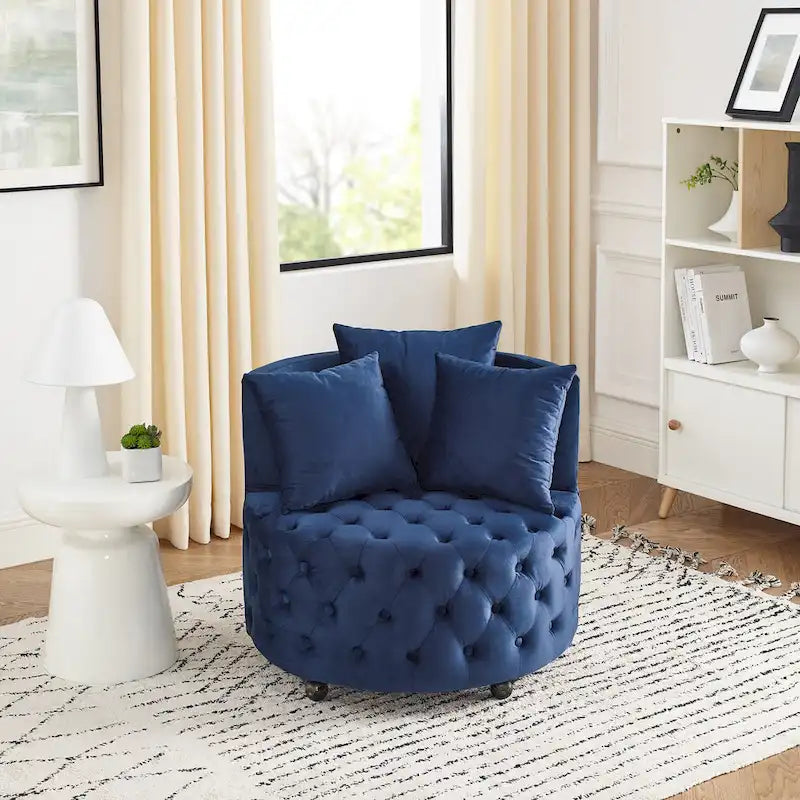 Sillón giratorio de terciopelo para sala de estar con diseño capitoné de botones, 3 cojines y ruedas móviles