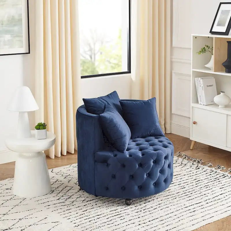 Sillón giratorio de terciopelo para sala de estar con diseño capitoné de botones, 3 cojines y ruedas móviles