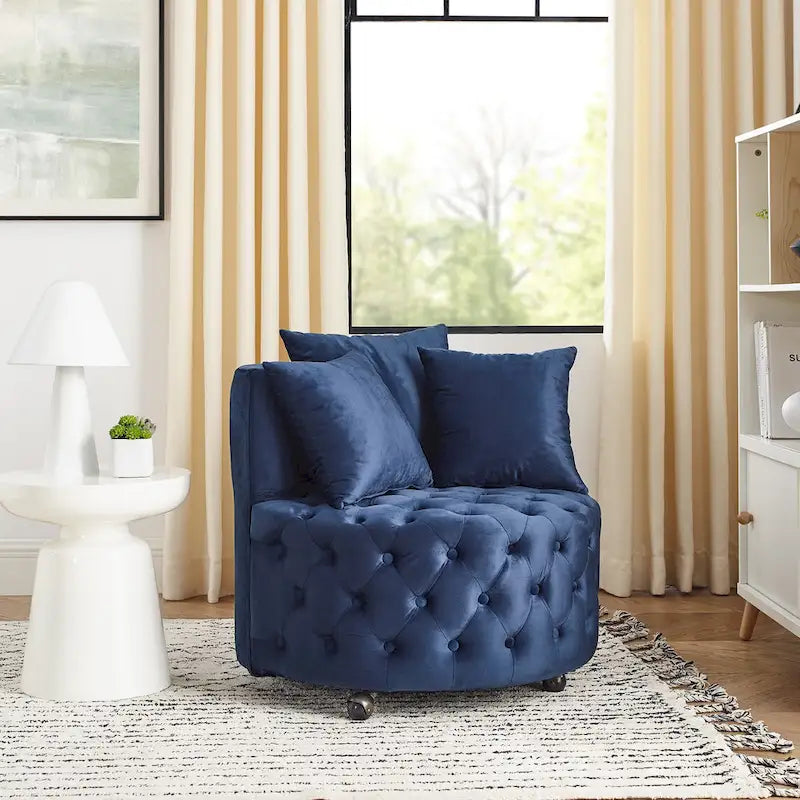 Sillón giratorio de terciopelo para sala de estar con diseño capitoné de botones, 3 cojines y ruedas móviles