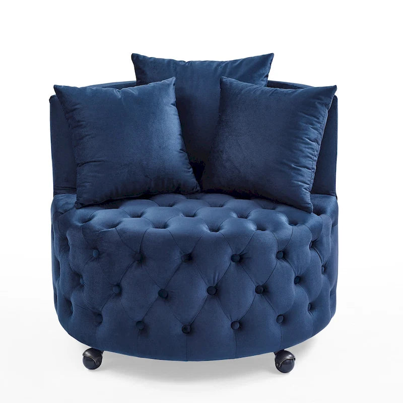 Sillón giratorio de terciopelo para sala de estar con diseño capitoné de botones, 3 cojines y ruedas móviles