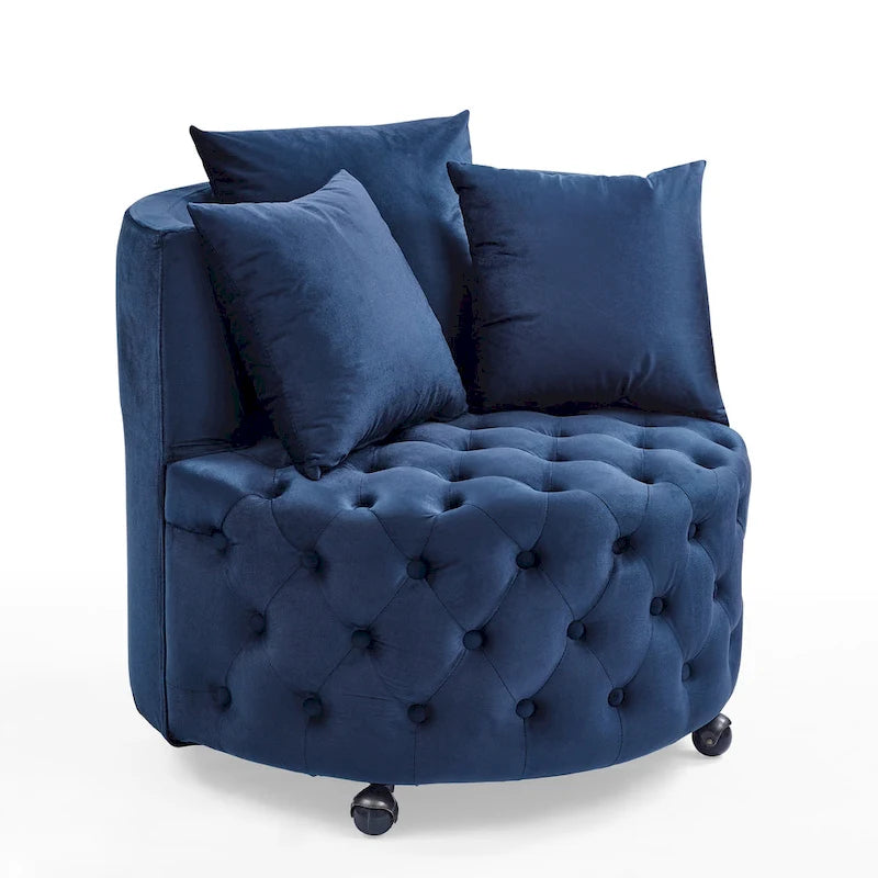 Sillón giratorio de terciopelo para sala de estar con diseño capitoné de botones, 3 cojines y ruedas móviles