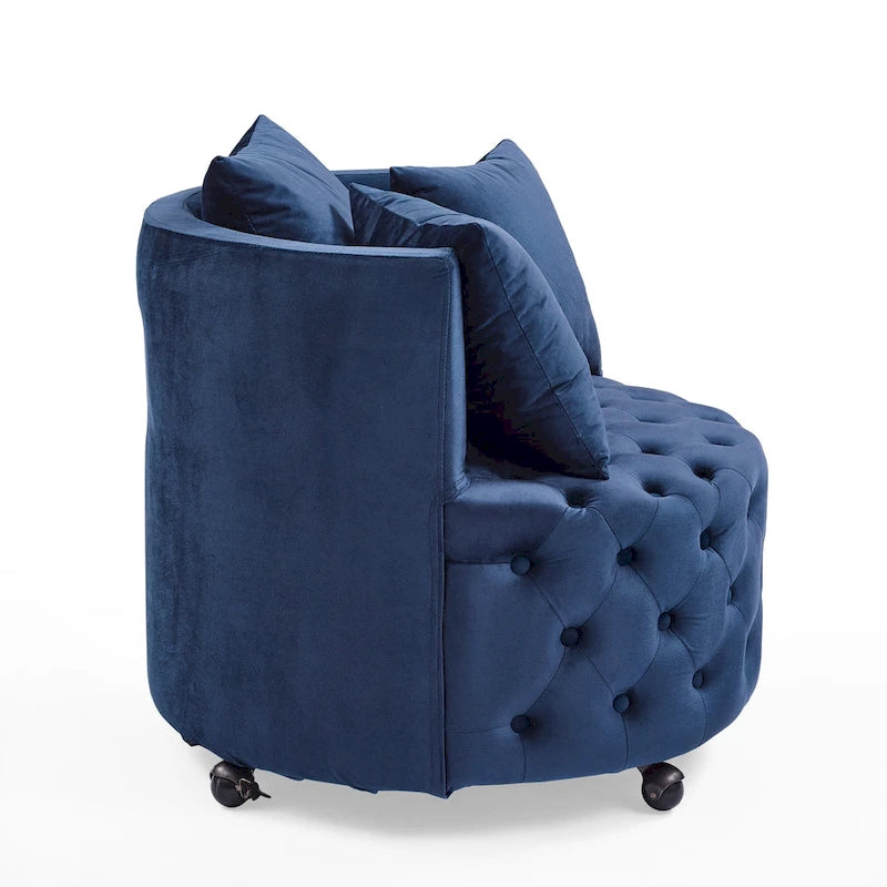 Sillón giratorio de terciopelo para sala de estar con diseño capitoné de botones, 3 cojines y ruedas móviles
