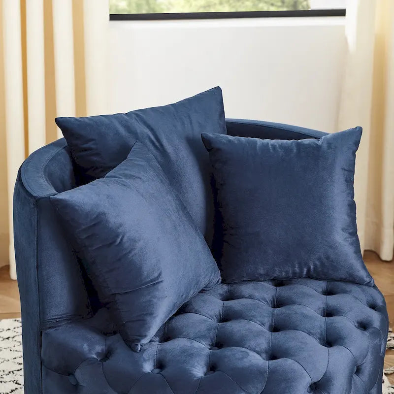 Sillón giratorio de terciopelo para sala de estar con diseño capitoné de botones, 3 cojines y ruedas móviles
