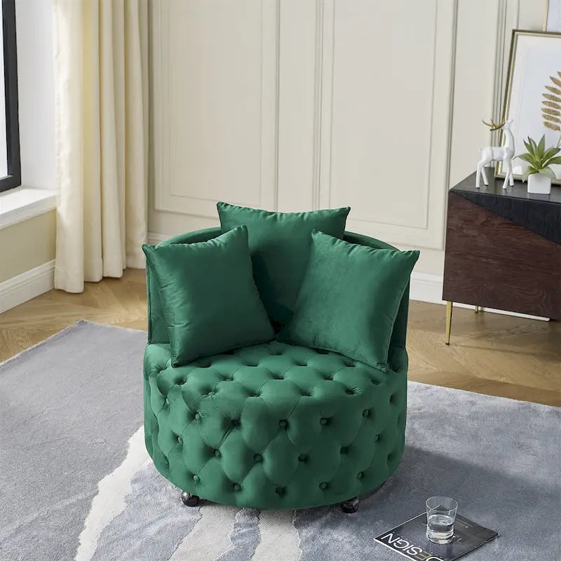 Sillón giratorio de terciopelo para sala de estar con diseño capitoné de botones, 3 cojines y ruedas móviles