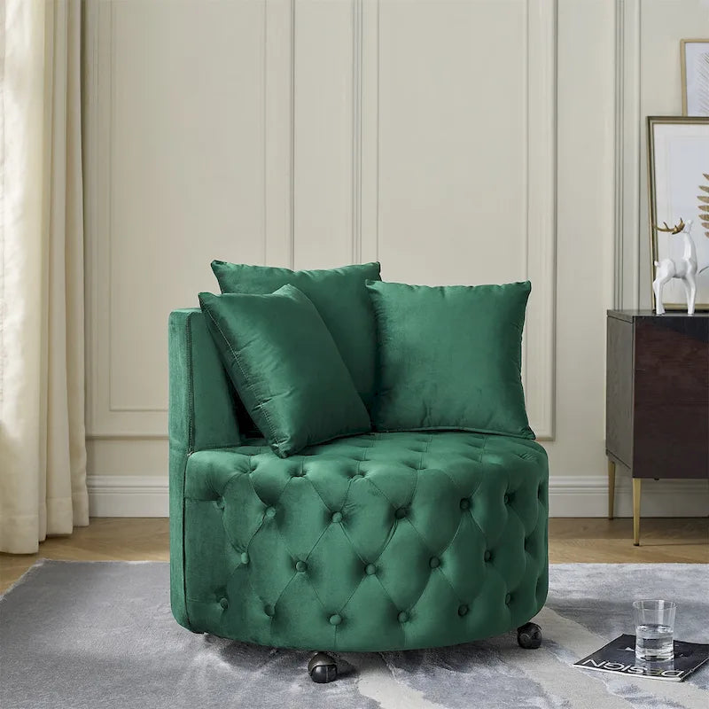Sillón giratorio de terciopelo para sala de estar con diseño capitoné de botones, 3 cojines y ruedas móviles