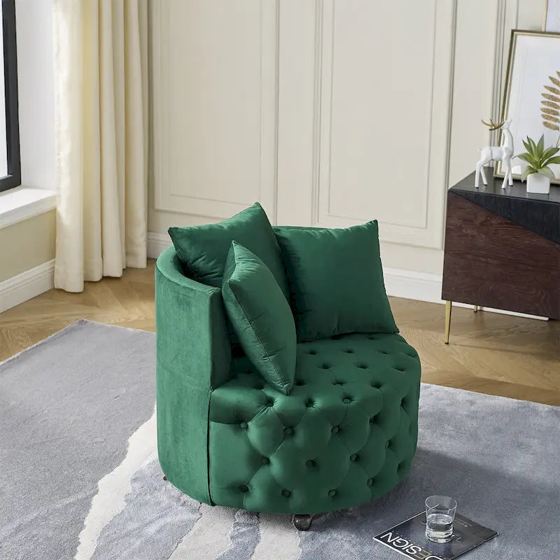 Sillón giratorio de terciopelo para sala de estar con diseño capitoné de botones, 3 cojines y ruedas móviles