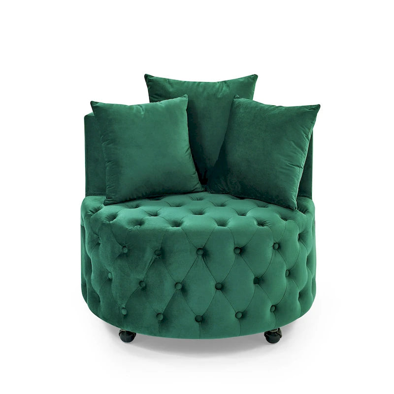 Sillón giratorio de terciopelo para sala de estar con diseño capitoné de botones, 3 cojines y ruedas móviles