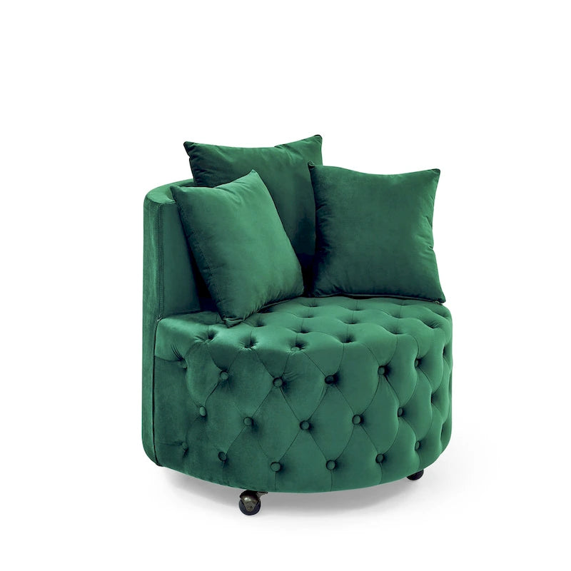 Sillón giratorio de terciopelo para sala de estar con diseño capitoné de botones, 3 cojines y ruedas móviles