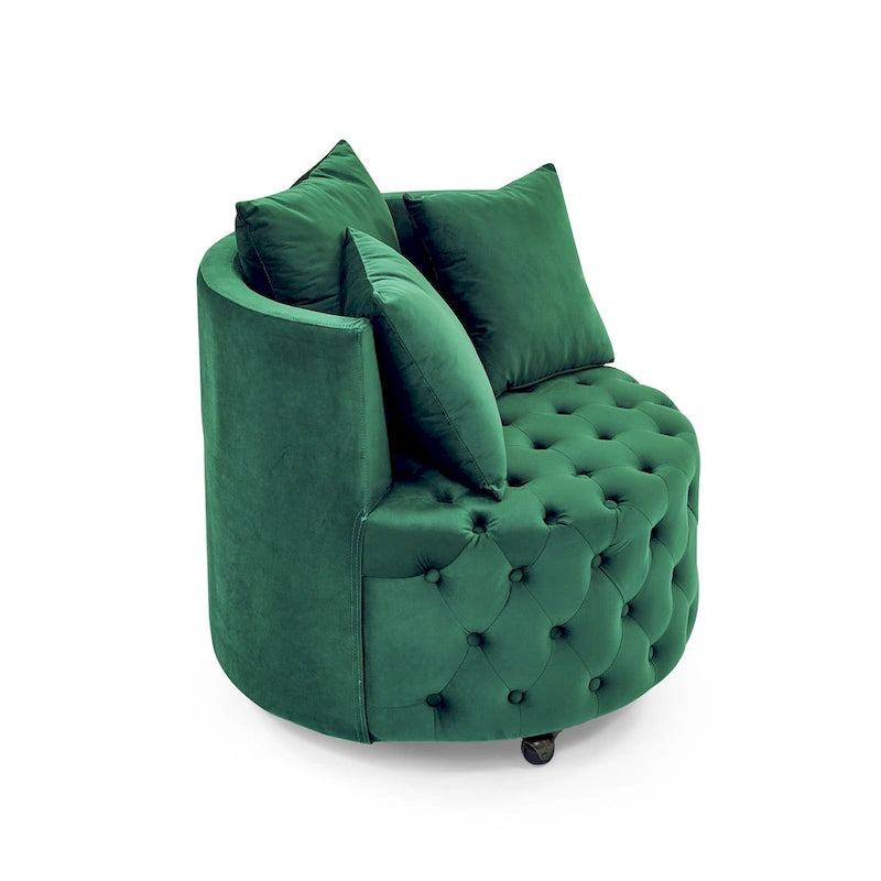 Sillón giratorio de terciopelo para sala de estar con diseño capitoné de botones, 3 cojines y ruedas móviles