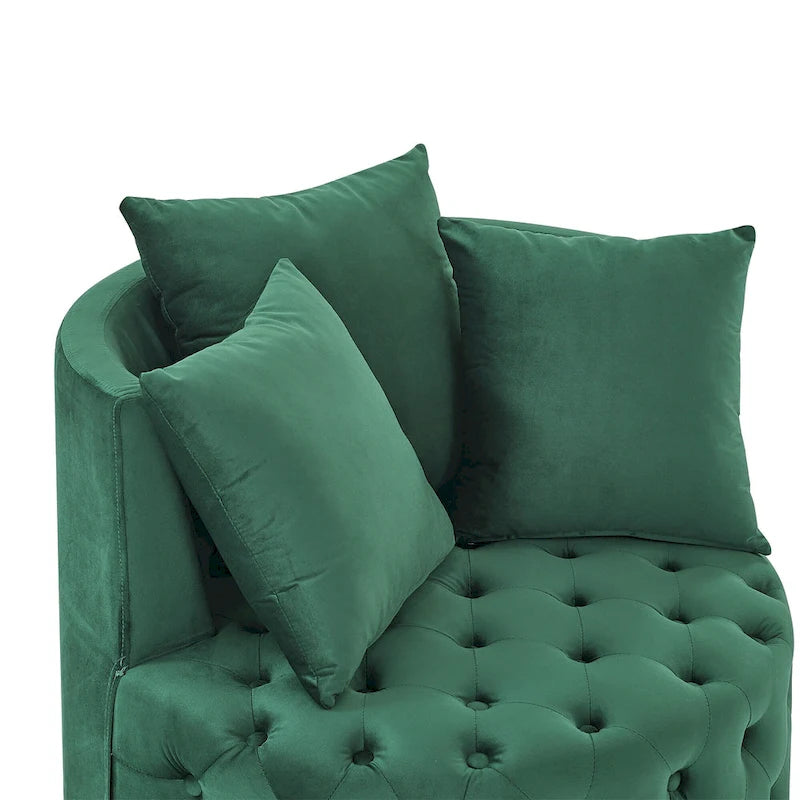 Sillón giratorio de terciopelo para sala de estar con diseño capitoné de botones, 3 cojines y ruedas móviles