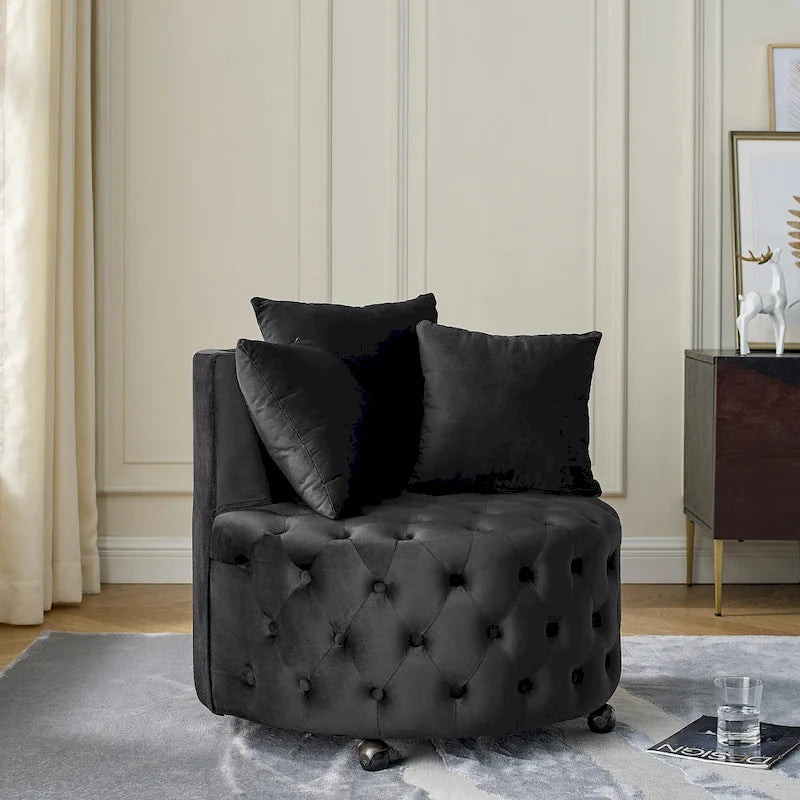 Sillón giratorio de terciopelo para sala de estar con diseño capitoné de botones, 3 cojines y ruedas móviles