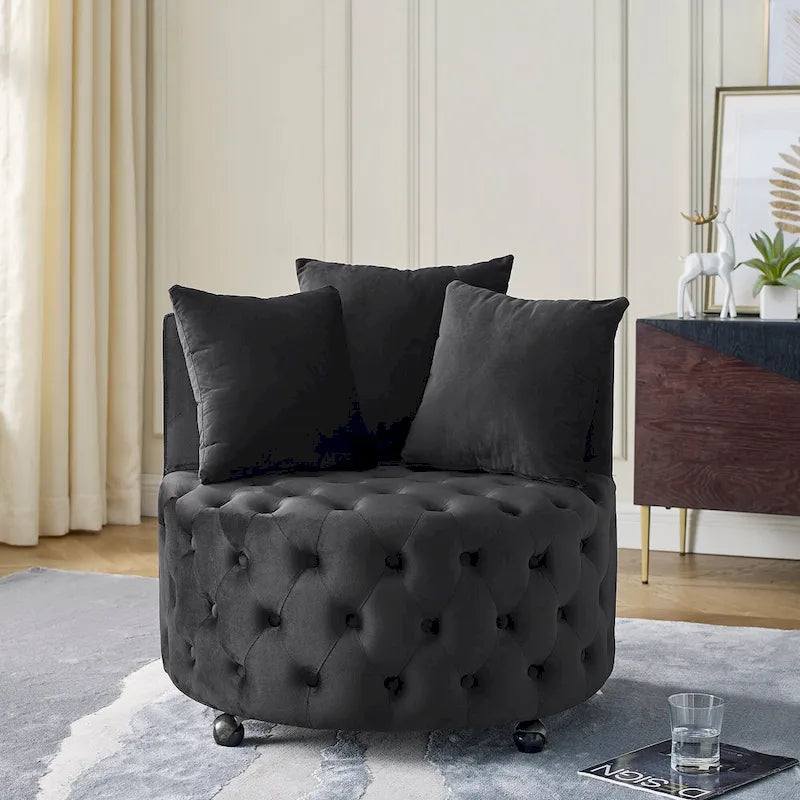 Sillón giratorio de terciopelo para sala de estar con diseño capitoné de botones, 3 cojines y ruedas móviles