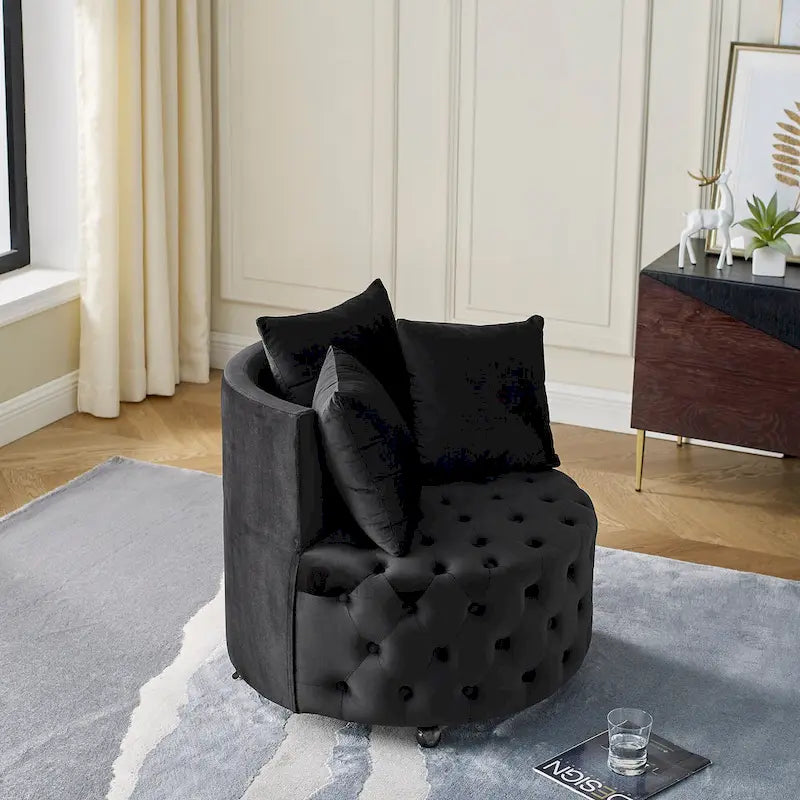 Sillón giratorio de terciopelo para sala de estar con diseño capitoné de botones, 3 cojines y ruedas móviles
