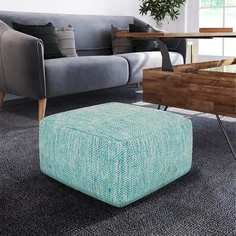 Pouf carré en coton tissé à la main avec motif chiné et rembourrage en billes de polystyrène