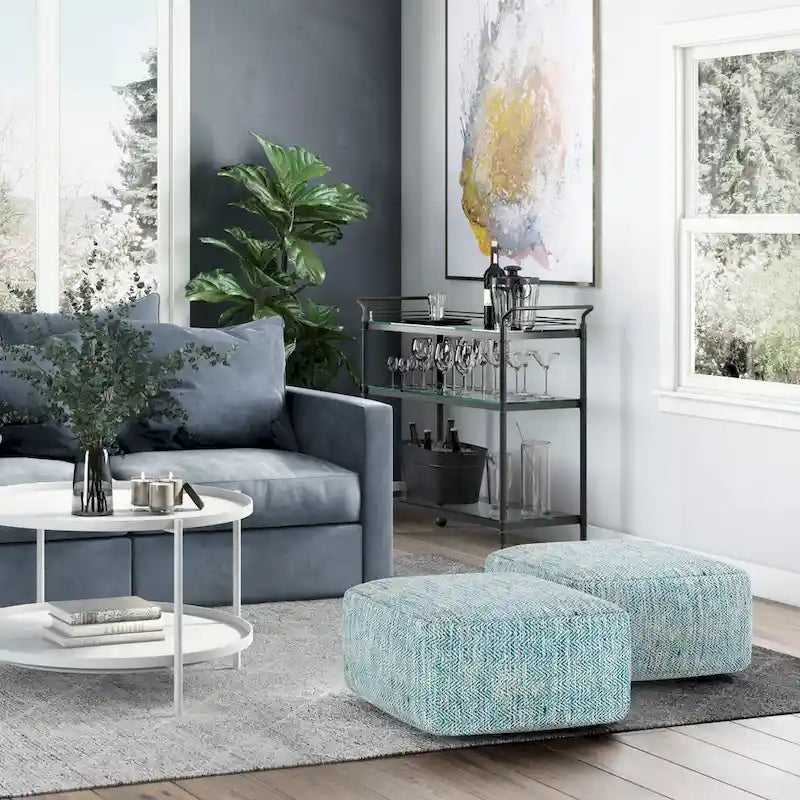 Pouf carré en coton tissé à la main avec motif chiné et rembourrage en billes de polystyrène