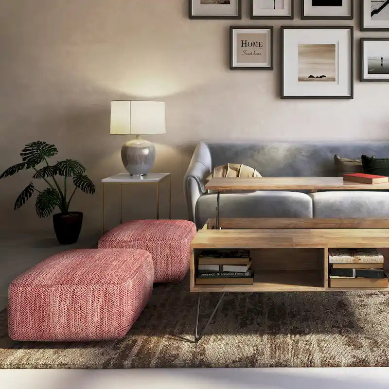 Pouf carré en coton tissé à la main avec motif chiné et rembourrage en billes de polystyrène