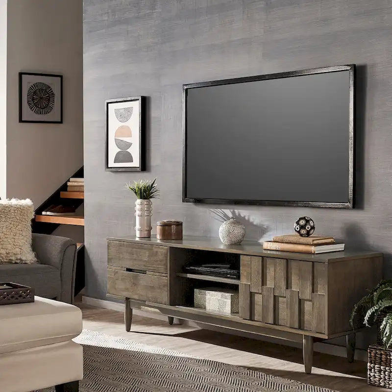 Mueble de TV de madera de estilo moderno de mediados de siglo con 2 cajones