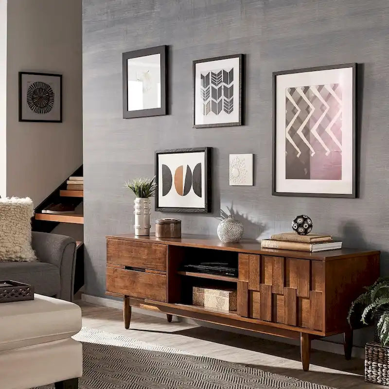 Mueble de TV de madera de estilo moderno de mediados de siglo con 2 cajones