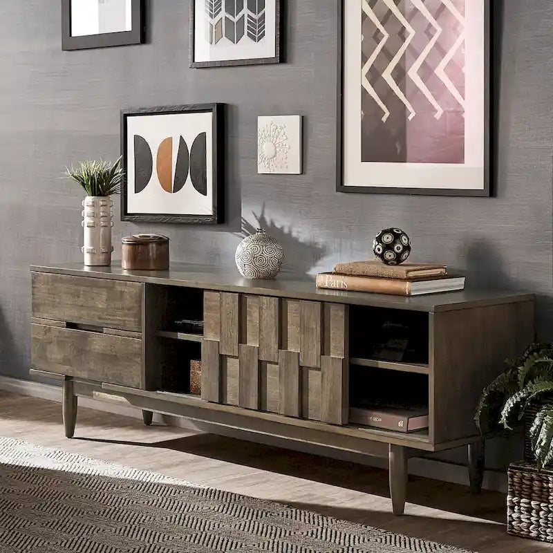 Mueble de TV de madera de estilo moderno de mediados de siglo con 2 cajones