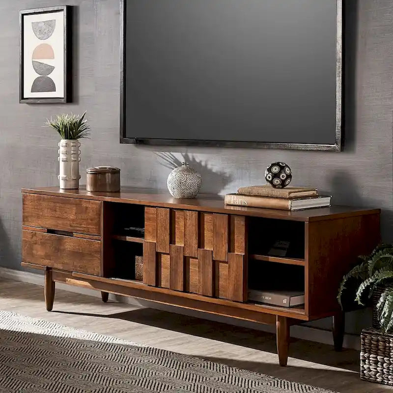 Mueble de TV de madera de estilo moderno de mediados de siglo con 2 cajones