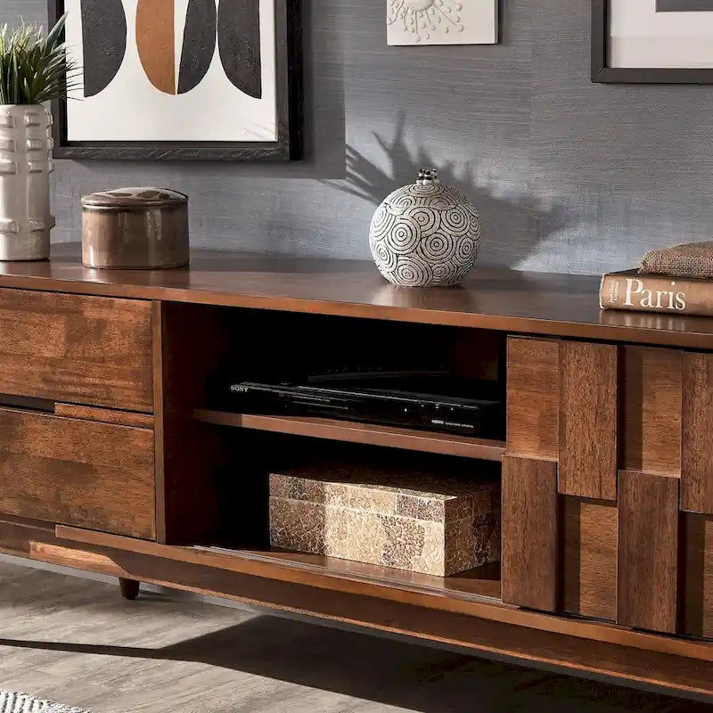Mueble de TV de madera de estilo moderno de mediados de siglo con 2 cajones