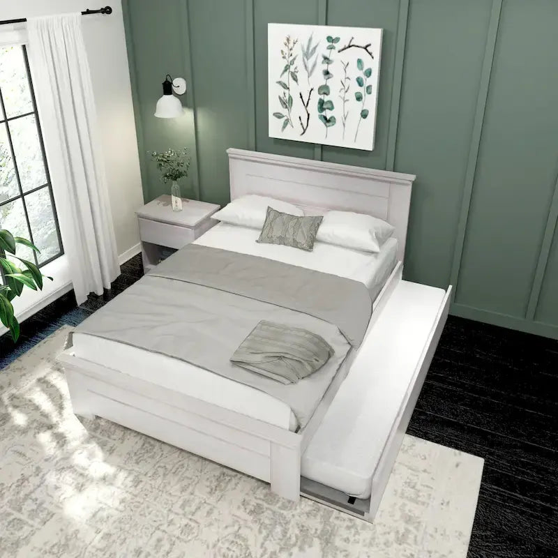 Cama matrimonial estilo granja con cabecero de panel y cama nido