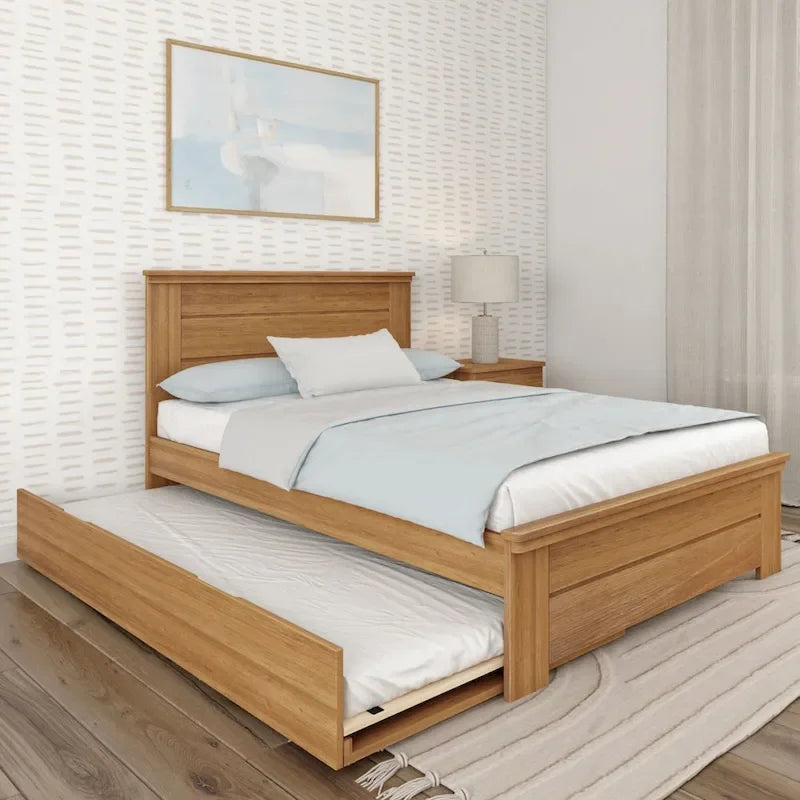 Cama matrimonial estilo granja con cabecero de panel y cama nido