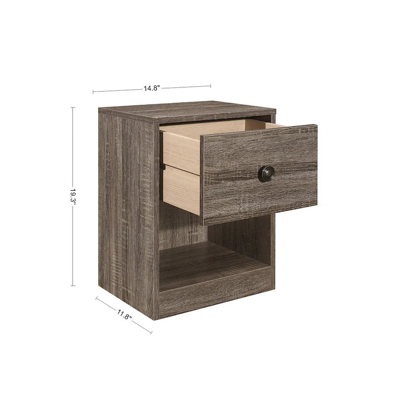 Mesita de noche moderna con un cajón y estante abierto
